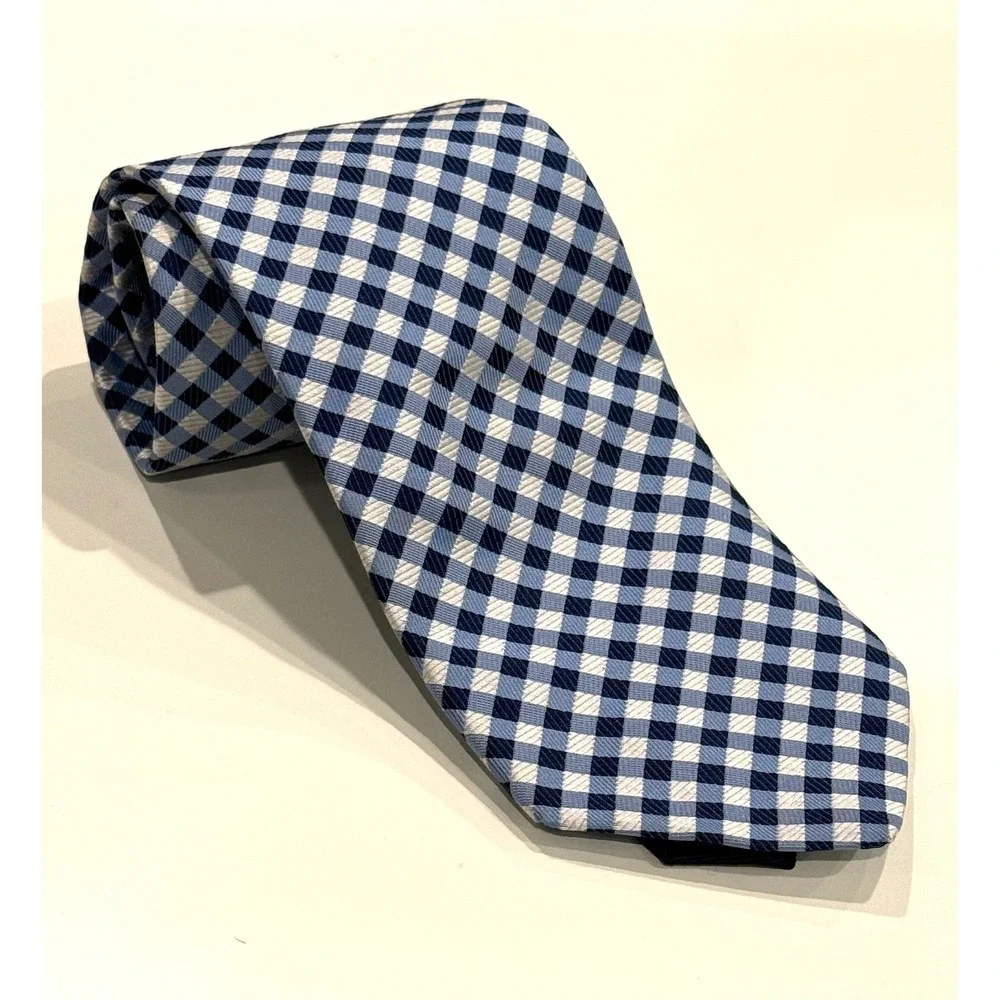 Tommy Hilfiger Mens Blue Gingham Check 100% Silk‎ Necktie Made in USA